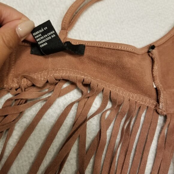 Suede Pink Fringe Bralette Embroidered Flowers Tank Top Forever 21 Nude Medium - Picture 9 of 12
